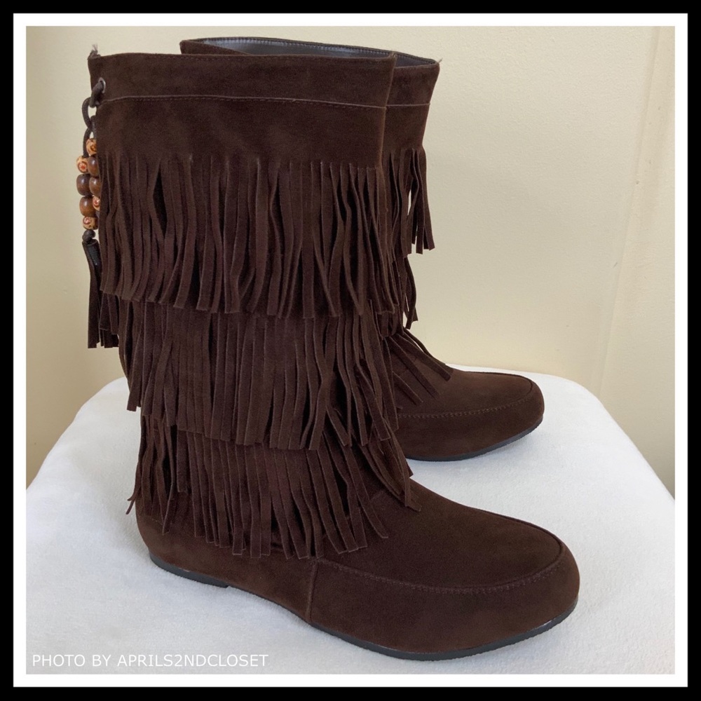 BROWN VEGAN SUEDE BOHO TASSEL FRINGE TRIM BOOTS - Picture 3 of 8